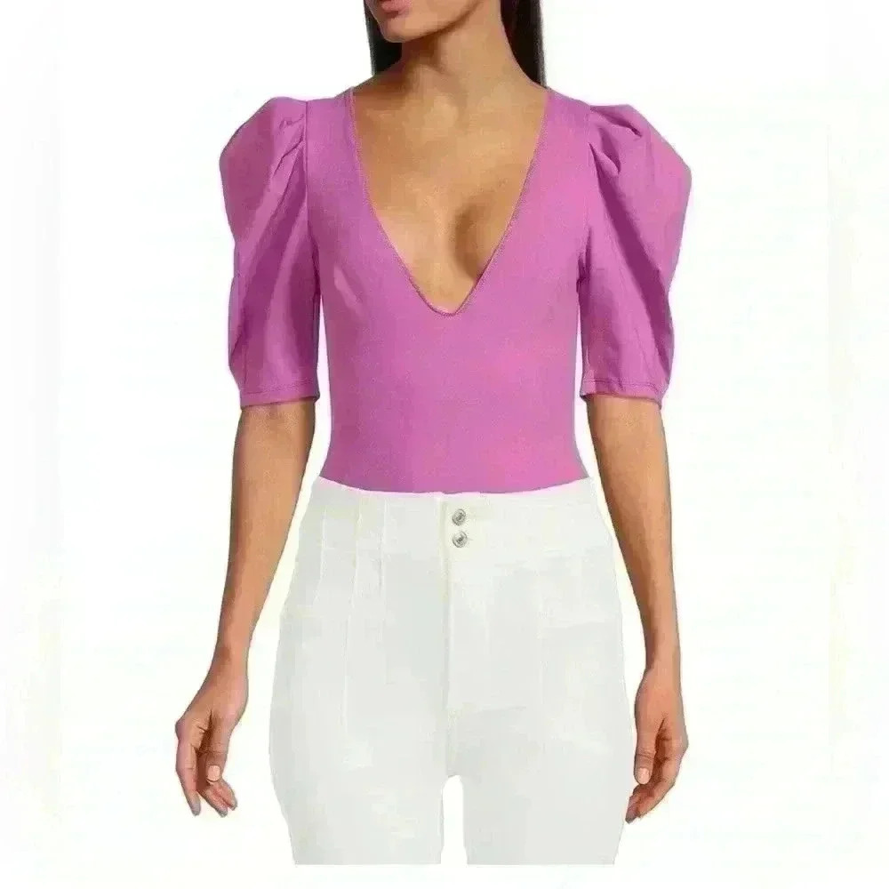 Free People Knit Deep V-Neck Short Ruched Puffed Sleeve Bodysuit